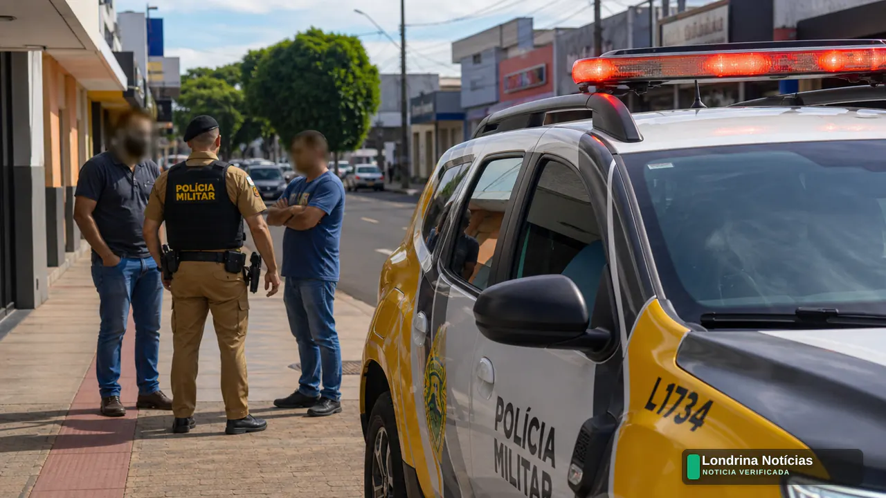 Viatura da Polícia Militar parada na Avenida Jamil Assad Jamus em Mauá da Serra durante atendimento a ocorrência